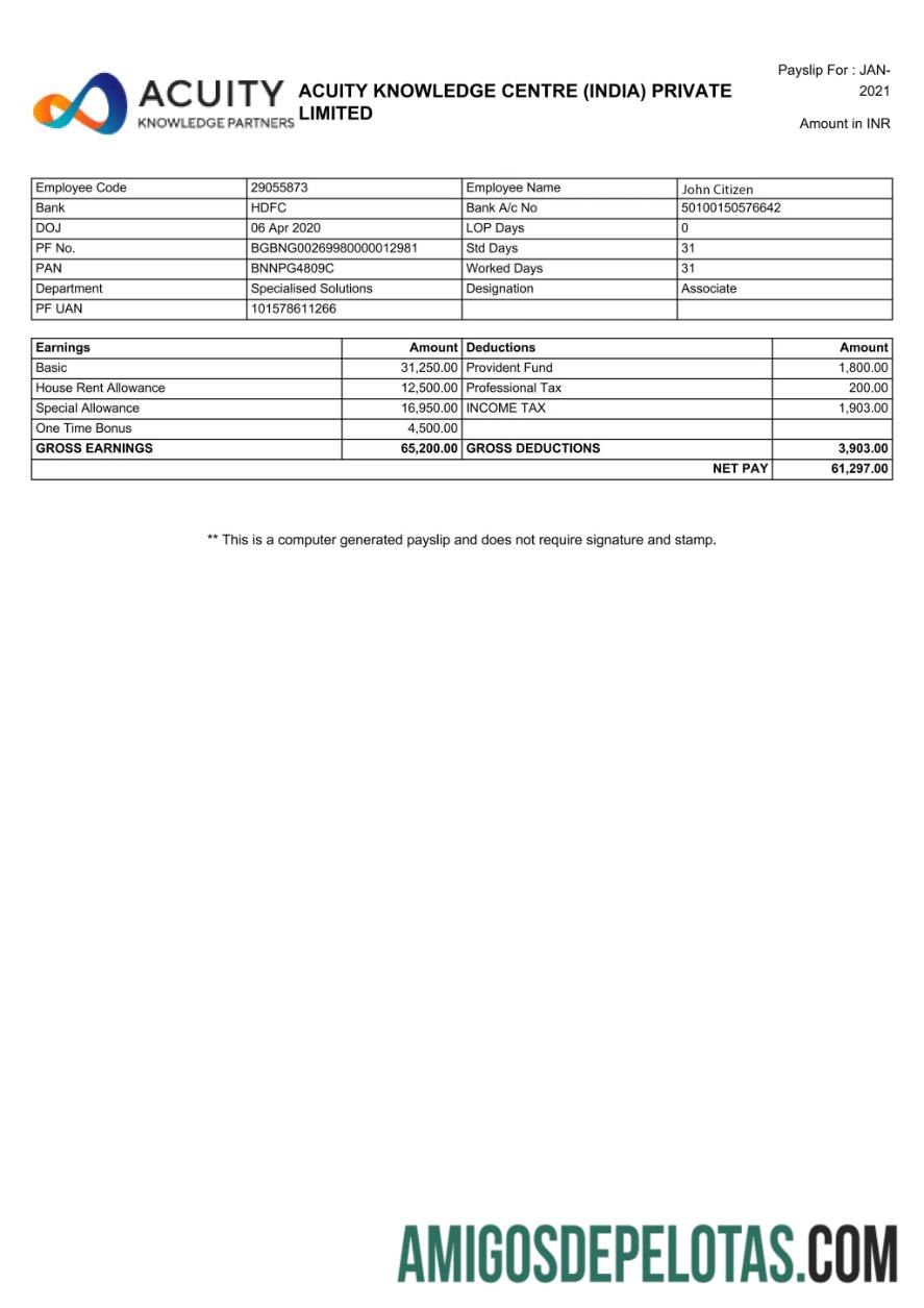 INDIA ACUITY Knowledge Center Private Limited Payslip em formatos Word e PDF amostra